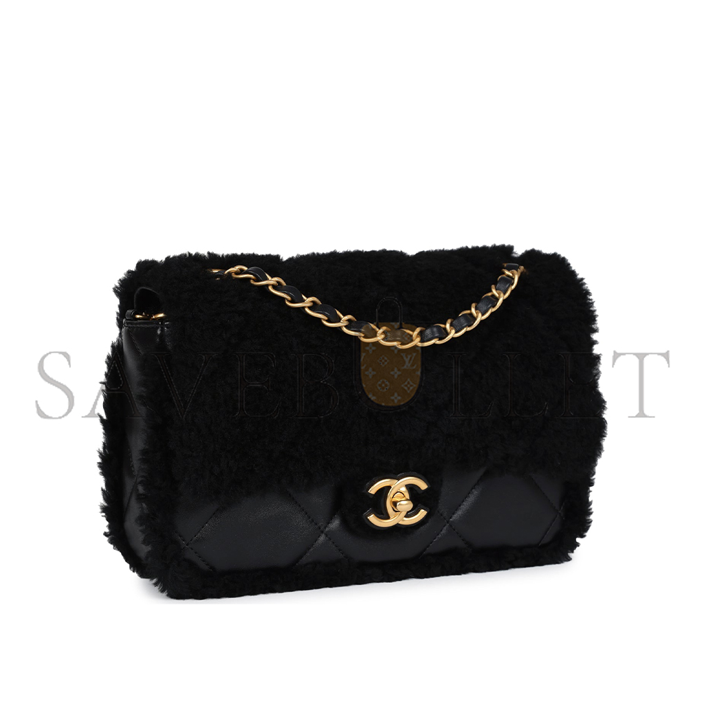 CHANEL MEDIUM SHEARLING FLAP BAG BLACK LAMBSKIN BRUSHED GOLD HARDWARE  (23.5*16*7.5cm)